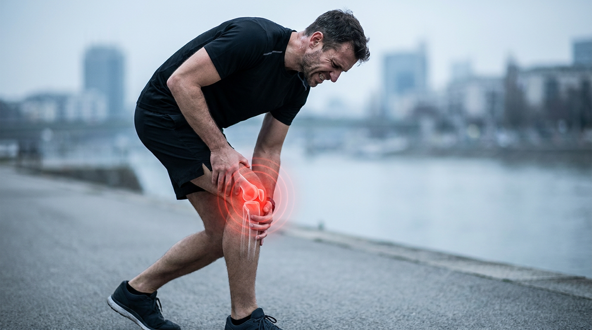 Sports doctor pointing just below a patient's kneecap